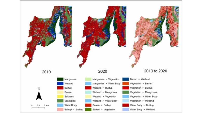 Left- LULC for the year 2010, Middle: LULC for 2020, Right- LULC change between 2010 and 2020 in Mumbai region. Credit: Authors