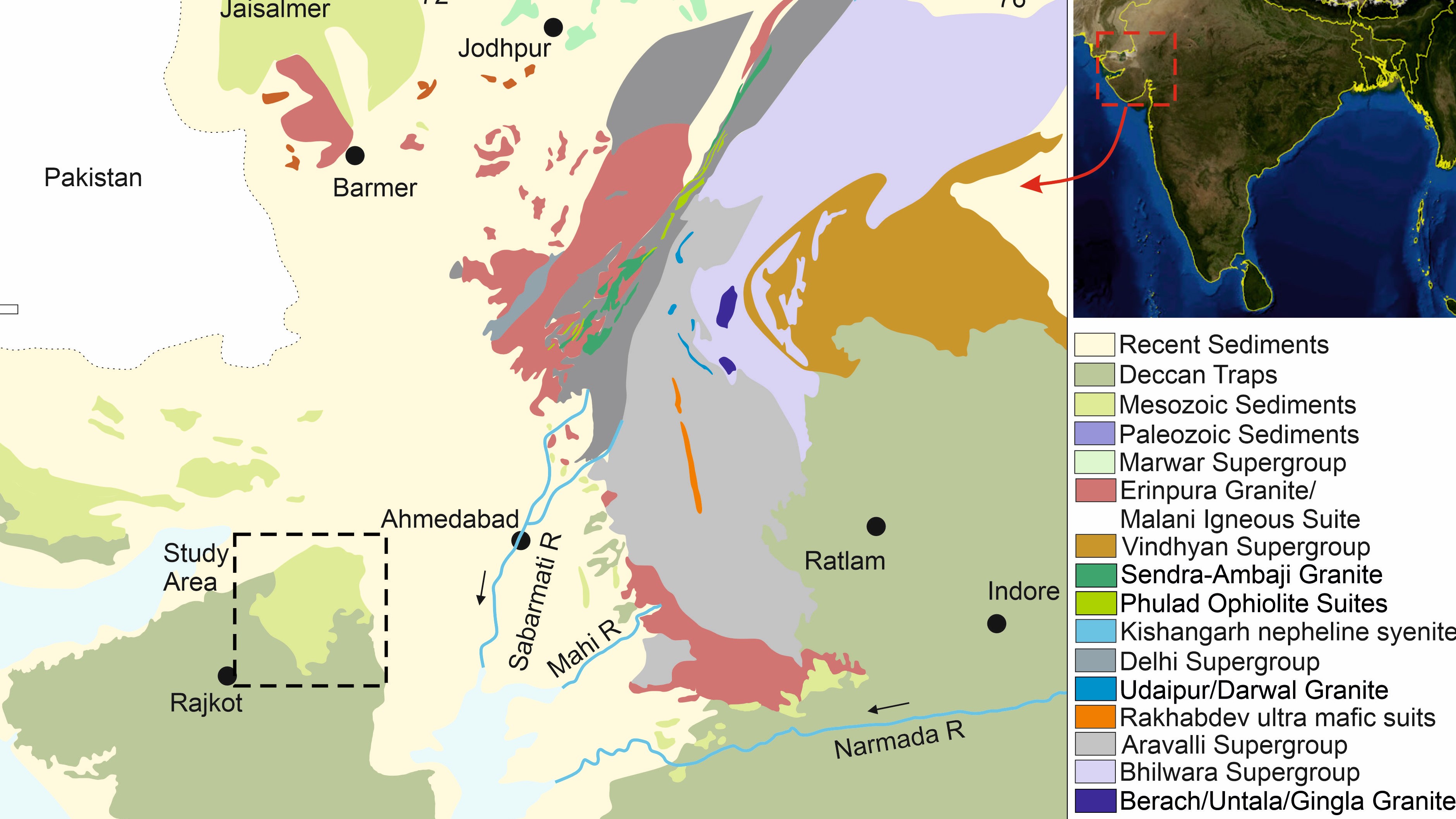 Map of Western India with study area highlighted.  Credits: Roy, A.B. and Jakhar, S.R., 2002. Geology of Rajasthan (Northwest India) Precambrian to recent. Scientific Publishers.