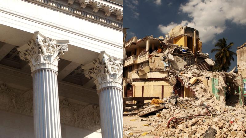 Phot showing a pillar and column of a building. Next image of a collpsed building