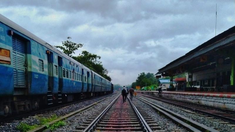 Railway tracks in India, with one track occupied