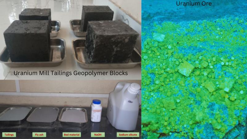 Left: UMT Blocks and ingredients. Right: Uranium ore