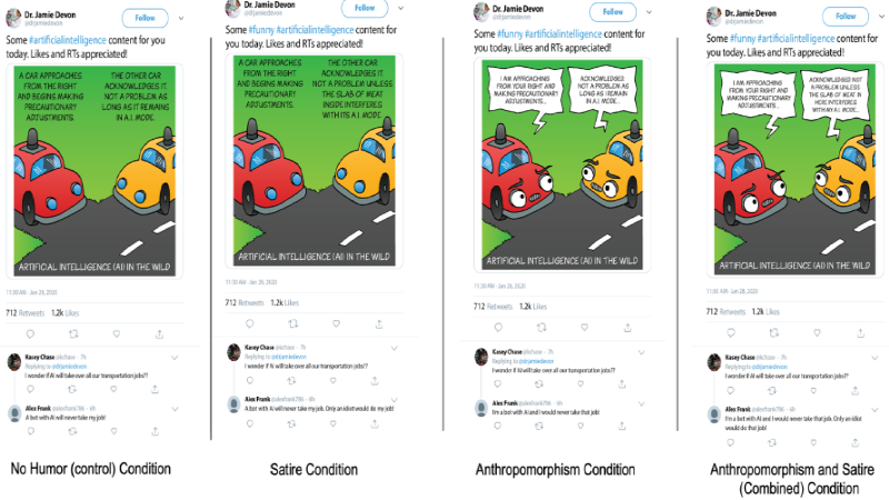 Screenshot of 4 tweets from a fictional account talking about AI with varu=ing degrees of humour