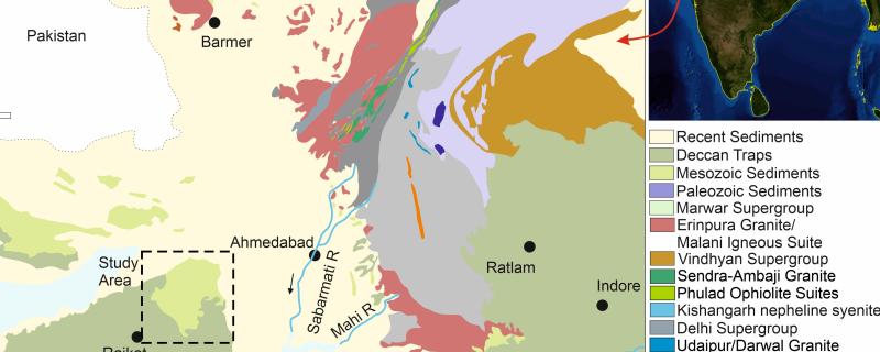 Map of Western India with study area highlighted.  Credits: Roy, A.B. and Jakhar, S.R., 2002. Geology of Rajasthan (Northwest India) Precambrian to recent. Scientific Publishers.