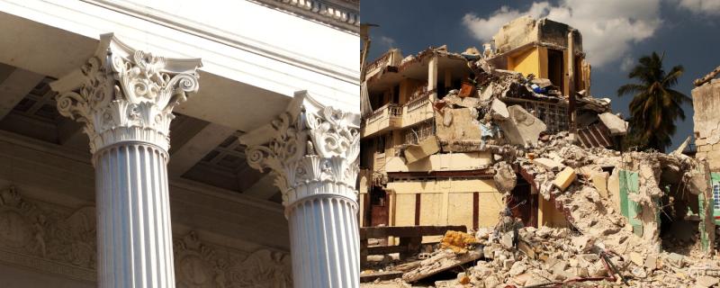 Phot showing a pillar and column of a building. Next image of a collpsed building