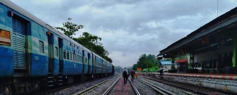 Railway tracks in India, with one track occupied