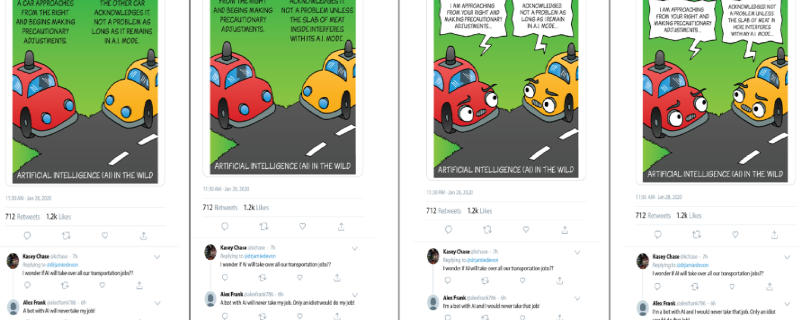 Screenshot of 4 tweets from a fictional account talking about AI with varu=ing degrees of humour