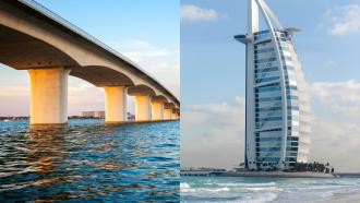 A bridge and a buidling on the sea