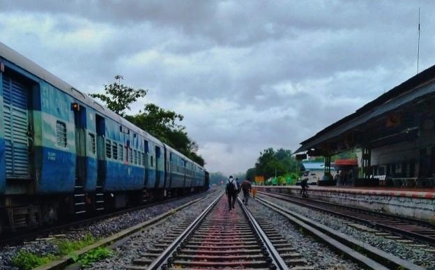 Railway tracks in India, with one track occupied