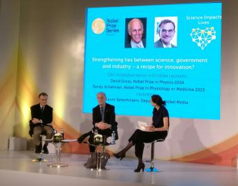 Nobel Laureates Prof. Gross and Prof. Schekman with Ms. Laura Sprechmann