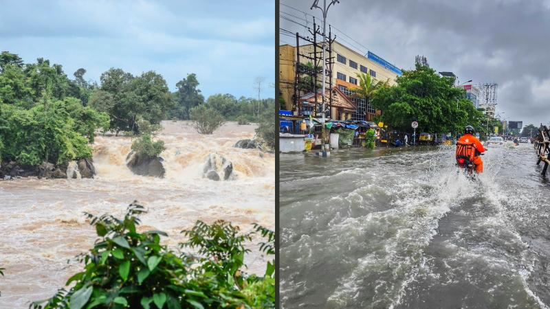A flooded river and a bike riding on a flooded road