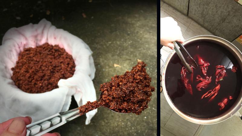 Dried Lac Dye and clothes being dyed using Lac dye