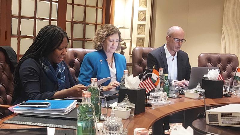 Dr. Laurie Leshin (centre), and Phillip Barela(right), along with spokesperson Samantha Jackson(left) at the media briefing in Bengaluru. 