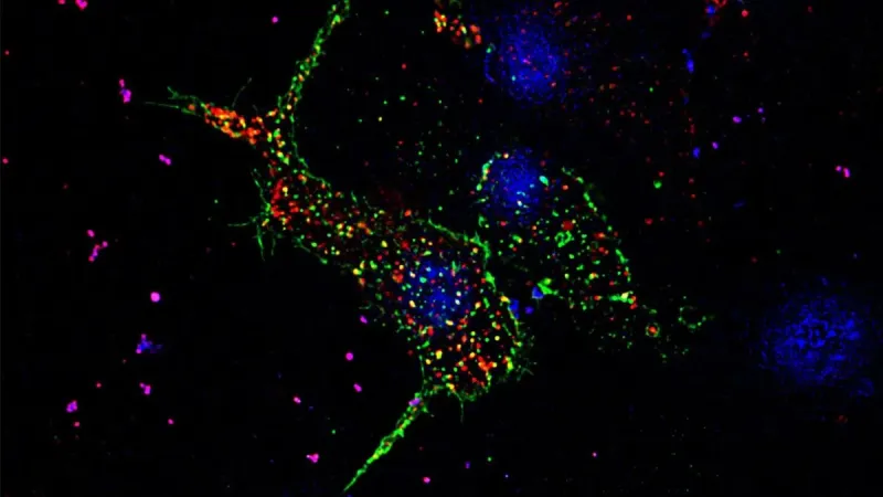 A pancreatic beta cell that shows puncta in the form of GLUT transporters in green and insulin granules in red, the nucleus of the cell in blue, taken in super-resolution under Zeiss-Elyra (Credit: Anuma Pallavi)
