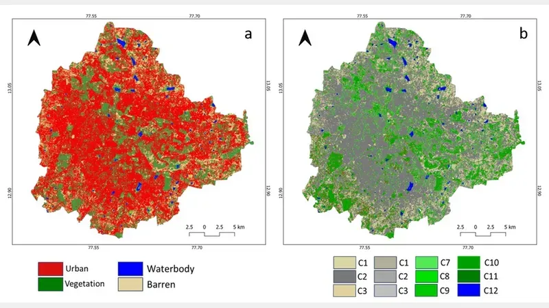 Land use classification for Bengaluru (a) land uses based on classification of Sentinel data (10 m resolution), (b) the proportion of LU in 30 x 30 m pixels (based on LU of 10 x 10 m Sentinel). Source: Ramachandra et. al, 2025.
