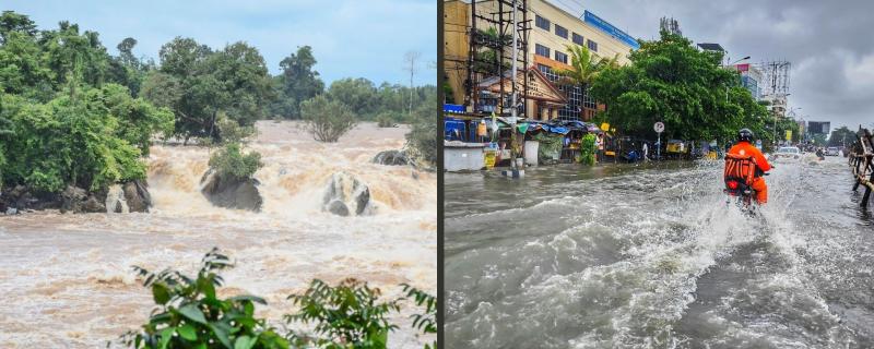 A flooded river and a bike riding on a flooded road