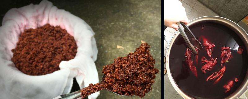 Dried Lac Dye and clothes being dyed using Lac dye