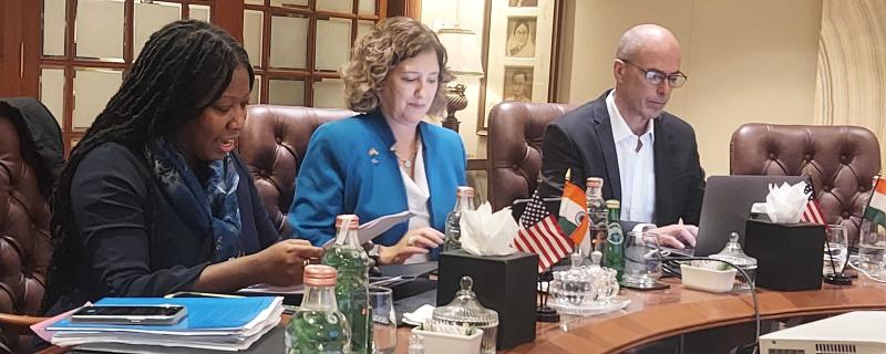 Dr. Laurie Leshin (centre), and Phillip Barela(right), along with spokesperson Samantha Jackson(left) at the media briefing in Bengaluru. 