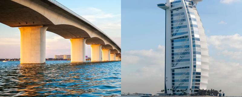 A bridge and a buidling on the sea