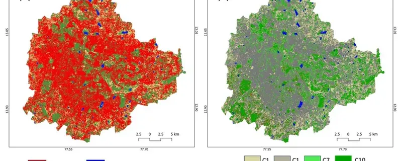 Land use classification for Bengaluru (a) land uses based on classification of Sentinel data (10 m resolution), (b) the proportion of LU in 30 x 30 m pixels (based on LU of 10 x 10 m Sentinel). Source: Ramachandra et. al, 2025.