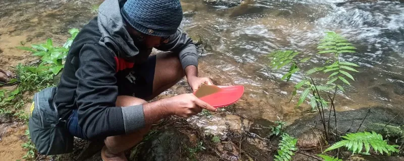 Researcher sampling for diatoms across a stream.