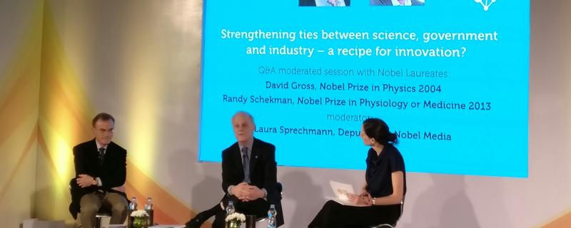 Nobel Laureates Prof. Gross and Prof. Schekman with Ms. Laura Sprechmann